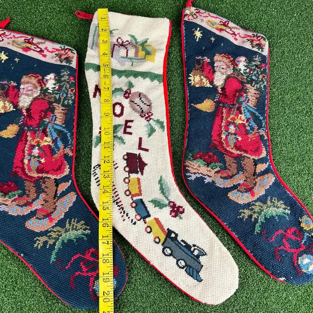 Vintage Handcrafted Needlepoint Christmas Stockings Set of 3 Holiday Decor